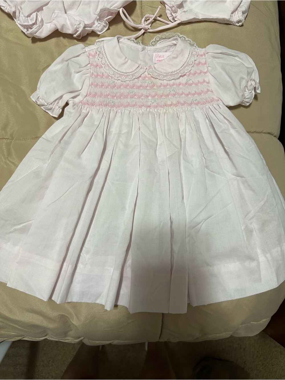 Petit Ami Pale Pink Smocked Baby Dress with Lace Collar